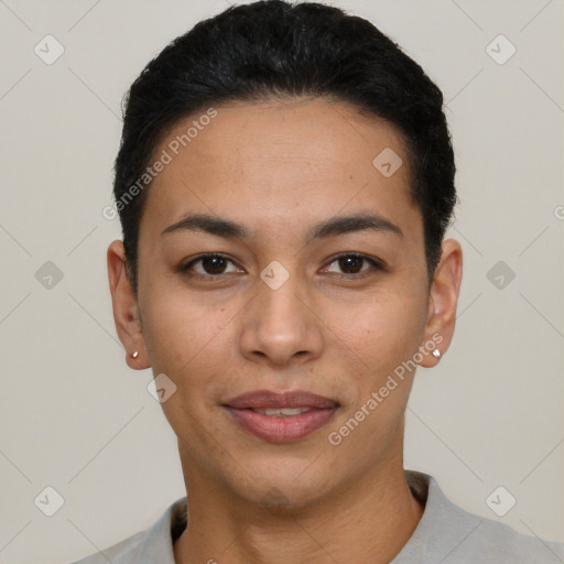 Joyful latino young-adult female with short  black hair and brown eyes