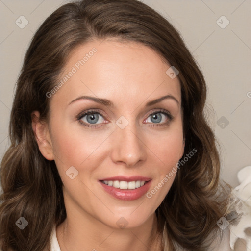 Joyful white young-adult female with medium  brown hair and green eyes