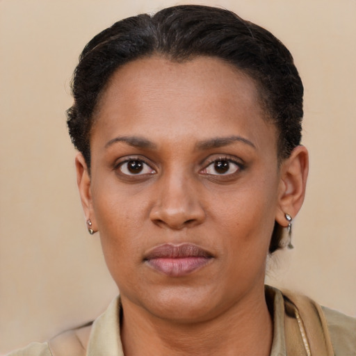 Neutral black young-adult female with short  brown hair and brown eyes