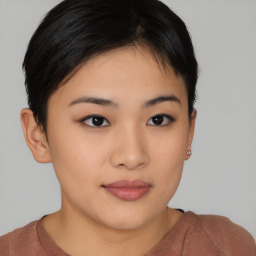 Neutral asian young-adult female with short  black hair and brown eyes