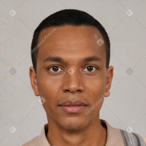 Neutral black young-adult male with short  black hair and brown eyes