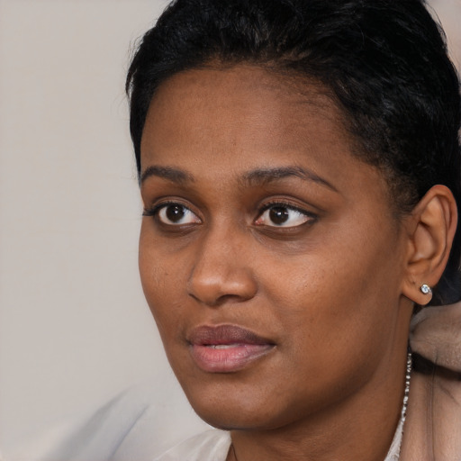 Neutral black young-adult female with short  brown hair and brown eyes