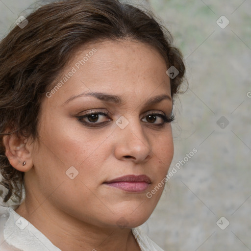 Neutral white young-adult female with medium  brown hair and brown eyes