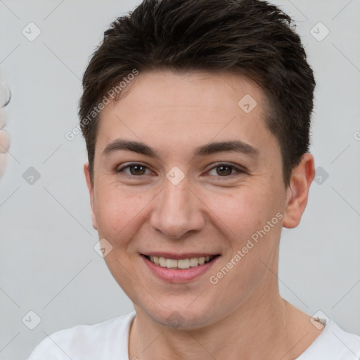 Joyful white young-adult female with short  brown hair and brown eyes