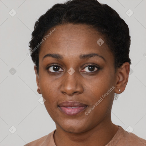 Neutral black young-adult female with short  black hair and brown eyes