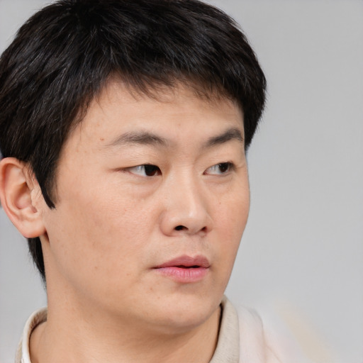 Neutral asian young-adult male with short  brown hair and brown eyes