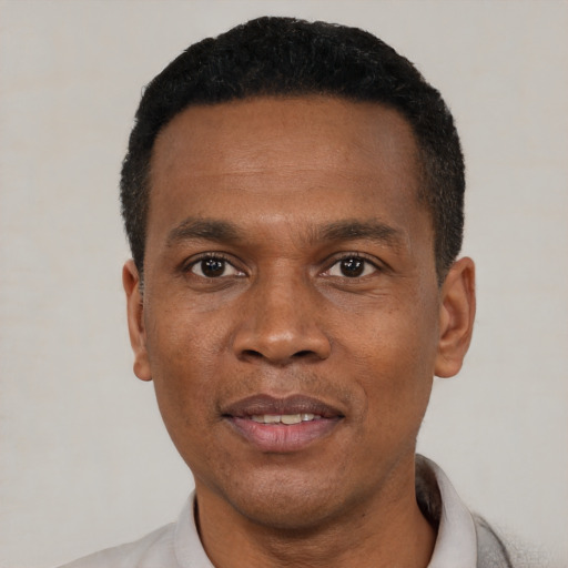 Joyful black young-adult male with short  black hair and brown eyes