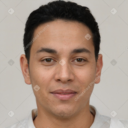 Joyful white young-adult male with short  black hair and brown eyes