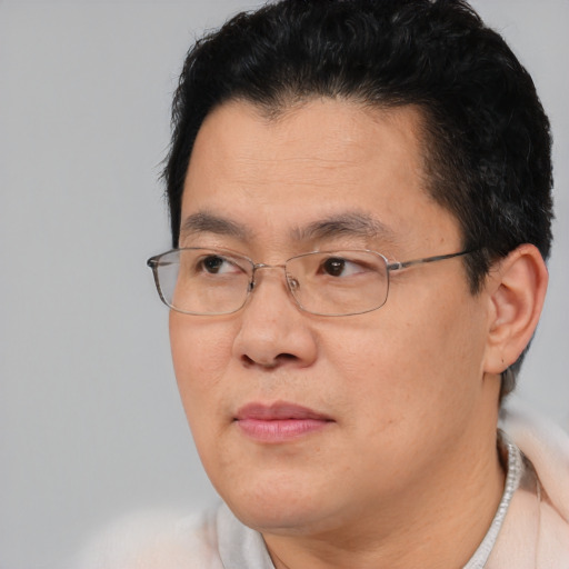 Joyful asian adult male with short  brown hair and brown eyes