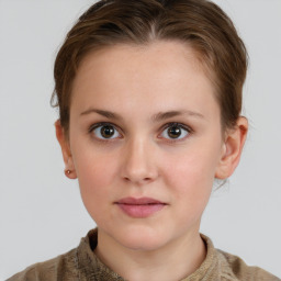 Neutral white young-adult female with short  brown hair and grey eyes