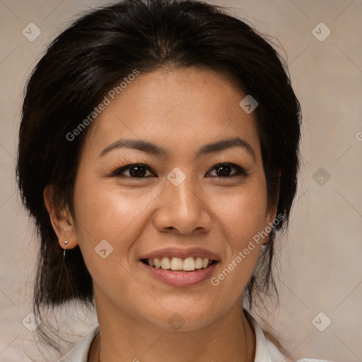 Joyful white young-adult female with medium  brown hair and brown eyes