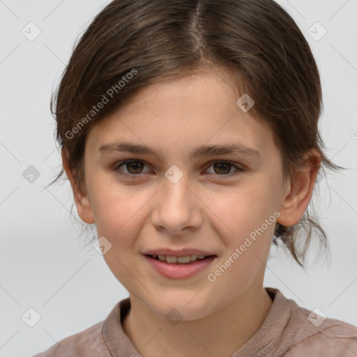 Joyful white child female with medium  brown hair and brown eyes