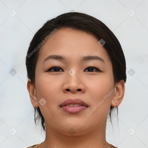 Joyful asian young-adult female with short  brown hair and brown eyes