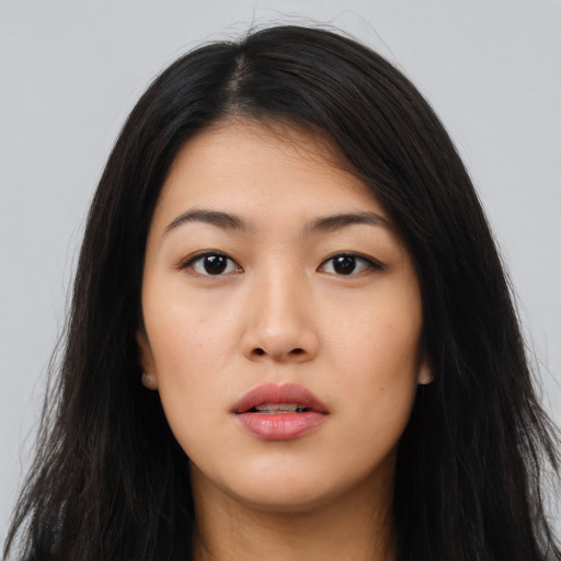 Neutral asian young-adult female with long  black hair and brown eyes