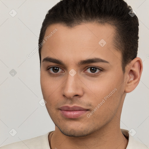 Neutral white young-adult male with short  brown hair and brown eyes