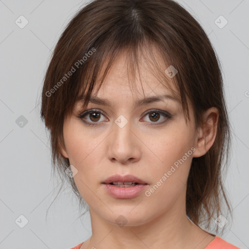 Neutral white young-adult female with medium  brown hair and brown eyes