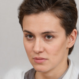 Neutral white young-adult female with short  brown hair and brown eyes