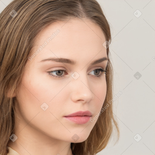 Neutral white young-adult female with long  brown hair and grey eyes