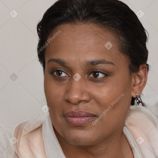 Joyful black adult female with medium  brown hair and brown eyes