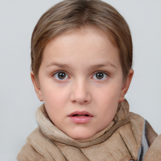 Neutral white child female with short  brown hair and grey eyes