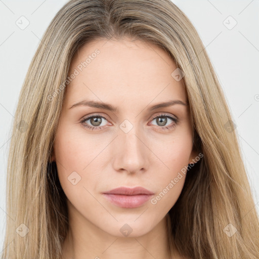 Neutral white young-adult female with long  brown hair and green eyes