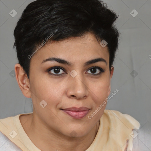 Joyful asian young-adult female with short  brown hair and brown eyes