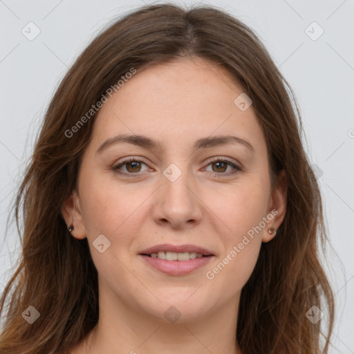 Joyful white young-adult female with long  brown hair and grey eyes