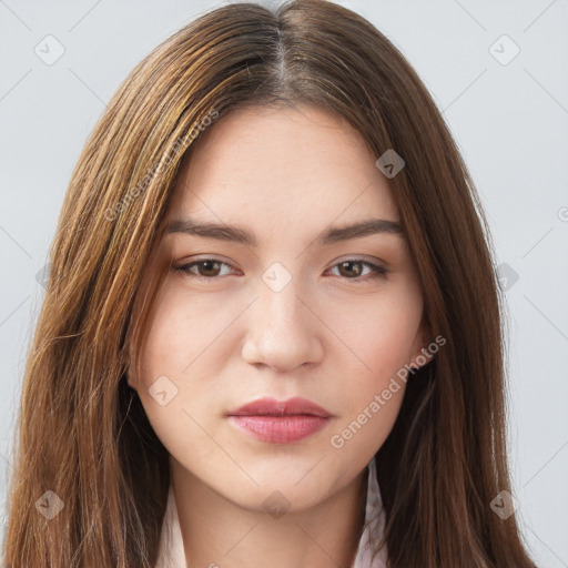 Neutral white young-adult female with long  brown hair and brown eyes