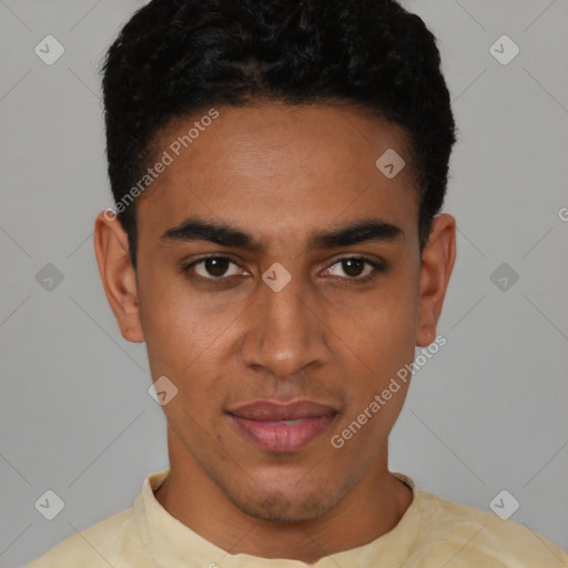 Joyful latino young-adult male with short  brown hair and brown eyes