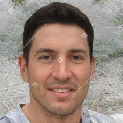 Joyful white young-adult male with short  brown hair and brown eyes