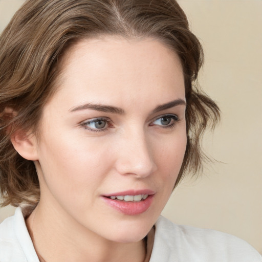 Neutral white young-adult female with medium  brown hair and blue eyes