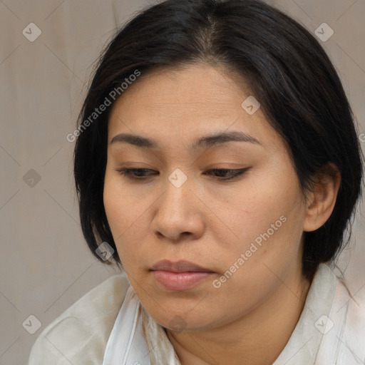 Neutral white young-adult female with medium  brown hair and brown eyes