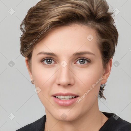 Joyful white young-adult female with short  brown hair and grey eyes