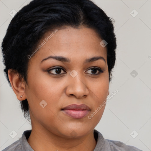 Joyful latino young-adult female with short  brown hair and brown eyes