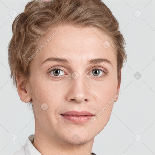 Joyful white young-adult female with short  brown hair and blue eyes