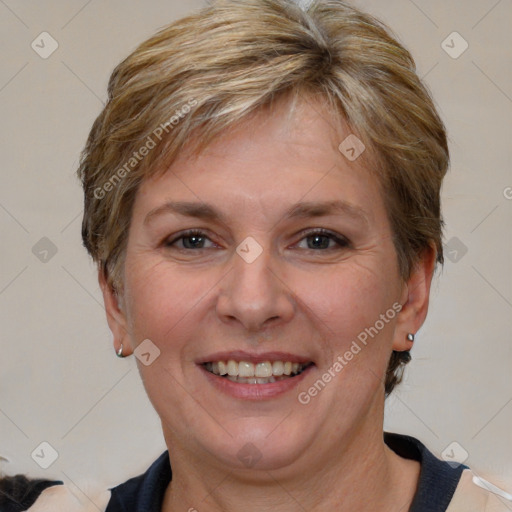 Joyful white adult female with short  brown hair and brown eyes