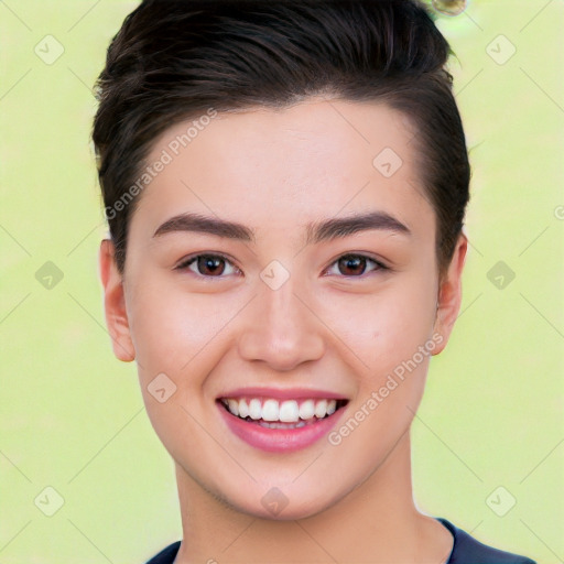 Joyful white young-adult female with short  brown hair and brown eyes