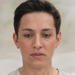 Neutral white young-adult female with short  brown hair and brown eyes