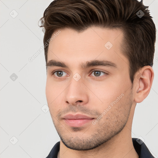 Neutral white young-adult male with short  brown hair and brown eyes