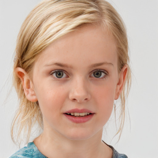 Joyful white child female with medium  brown hair and blue eyes