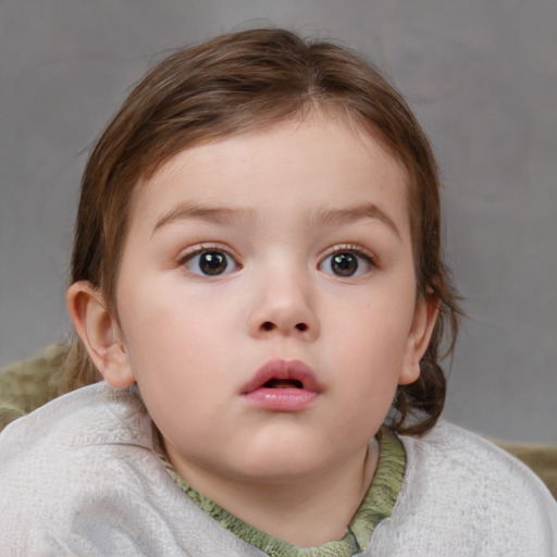 Neutral white child female with medium  brown hair and blue eyes