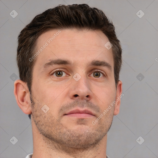 Neutral white adult male with short  brown hair and brown eyes