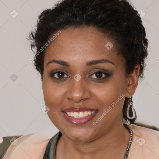 Joyful black young-adult female with short  brown hair and brown eyes