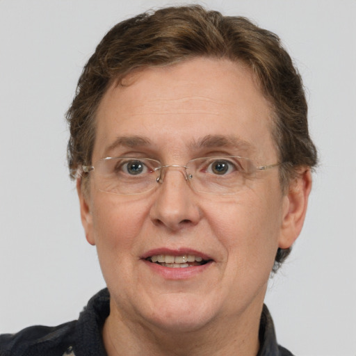 Joyful white middle-aged male with short  brown hair and grey eyes