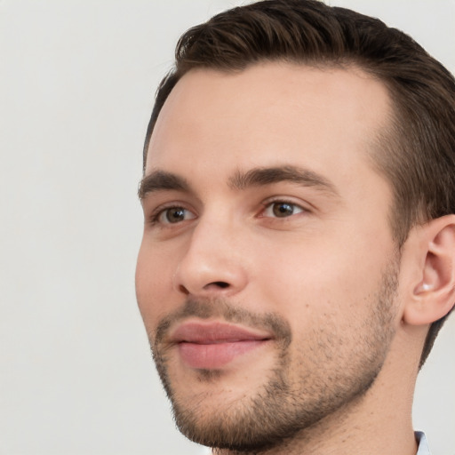 Neutral white young-adult male with short  brown hair and brown eyes