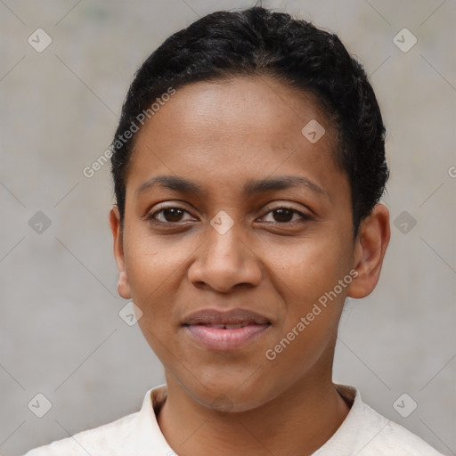 Joyful latino young-adult female with short  brown hair and brown eyes