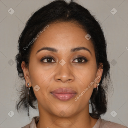 Joyful latino adult female with medium  brown hair and brown eyes