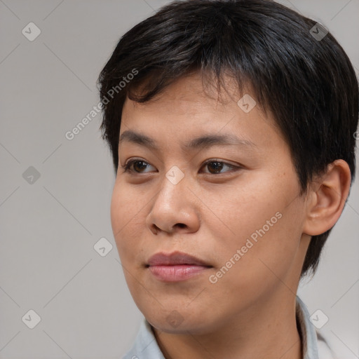 Neutral asian young-adult female with short  brown hair and brown eyes