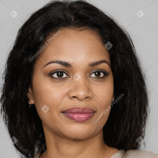 Joyful black young-adult female with medium  brown hair and brown eyes