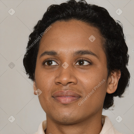 Joyful latino young-adult female with short  black hair and brown eyes